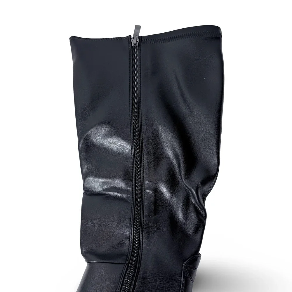 QIY Black PU Knee High Square Toe Block Heel Slouchy Boots Womens 9.5 New